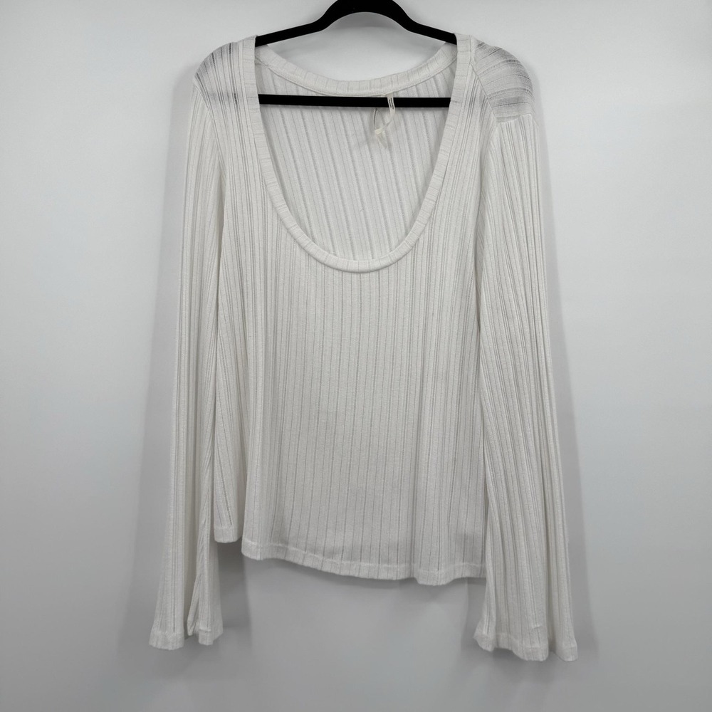Anthropologie Blouse‎ Womens 3X White Scoop Neck Ribbed Long Sleeve Knit